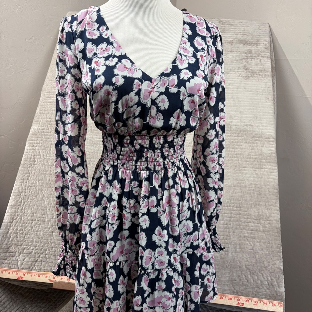 Abercrombie &‎ Fitch Floral Smocked Waist V-Neck Long Sleeve Mini Dress Navy XXS